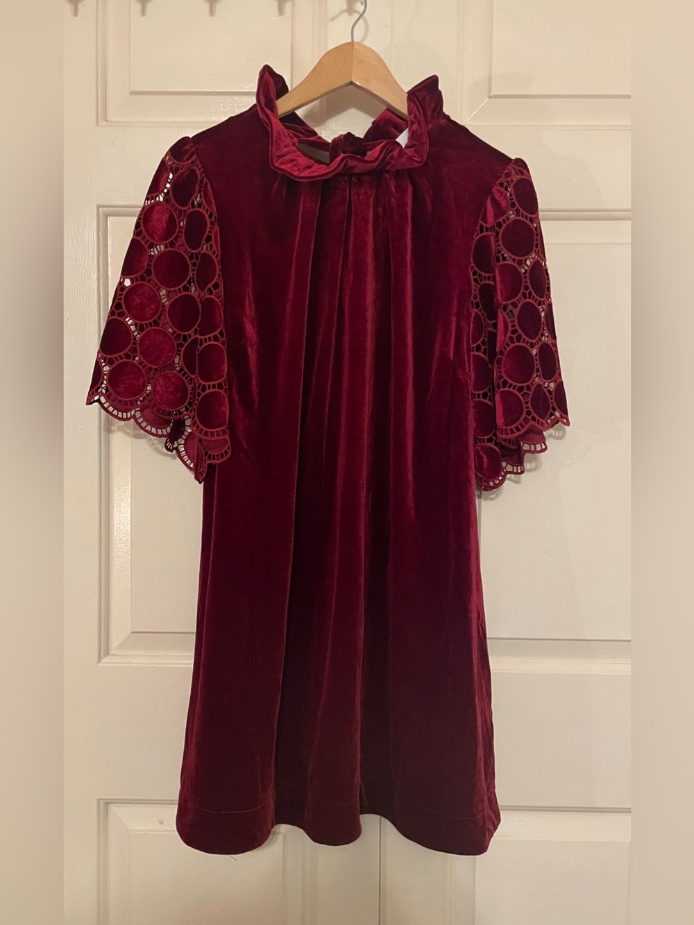 NWT Umgee Coquette Velvet Dress with Ruffled Neck & Eyelet Lace Sleeves